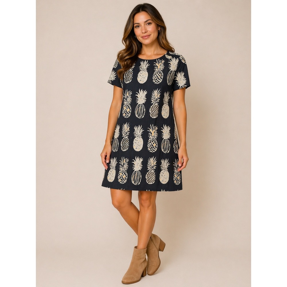 Bombay Paisley Navy Blue Pineapple Print Cotton‎ Linen Shift Dress XS